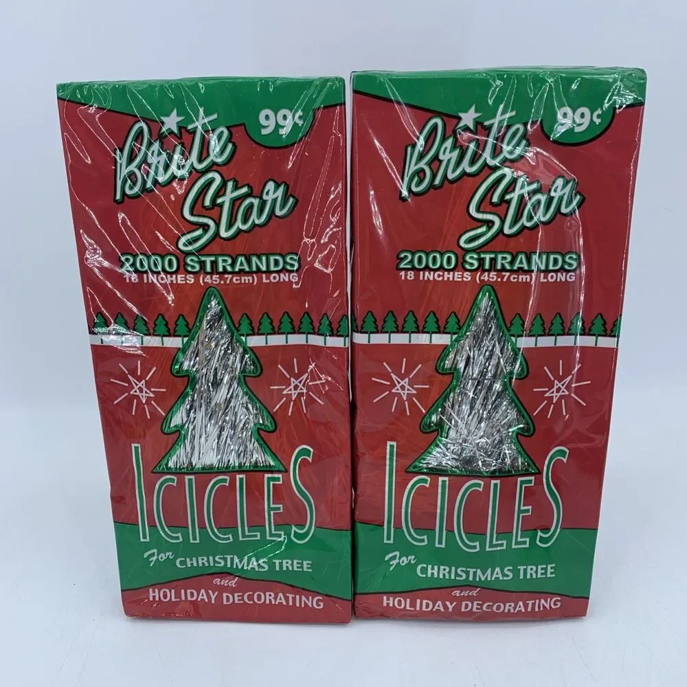 Vtg Brite Star Christmas Tree Tinsel Foil Icicle‎ Silver Strands 18” MCM Set/2